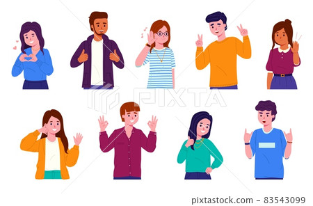 People with gestures. Young men and women depict different actions with signs, students nonverbal communication, positive and negative emotions, vector cartoon flat style isolated set 83543099