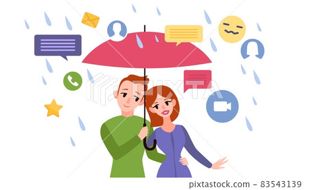 In private. Hide from social networks. Protection of negative news and calls. Happy couple with umbrella protects from rain and flow of spam or messages. Media noise. Vector concept 83543139