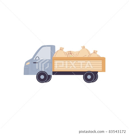 Flat cartoon truck loaded with bags,transportation and auto industry vector illustration concept 83543172