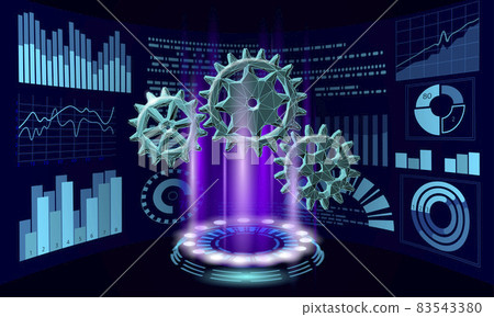 3D gears work progress concept. Wheel industry mechanism engineering teamwork. Data analysis business engine cog. Creative problem coaching vector illustration 83543380