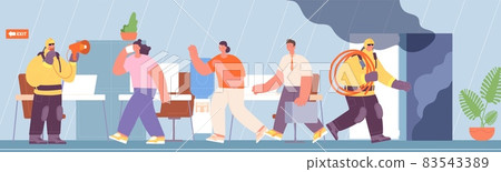 Fire evacuation. Firemen evacuate office people, flame and smoke in building. Emergency training, person running to exit. Life safety utter vector illustration Fire evacuation. Firemen evacuate office people, flame and smoke in building. Emergency training, person running to exit. Life safety utter vector illustration 83543389