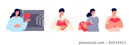 People hide feelings. Disappointment in love, betrayal and loneliness. Heart broken characters. Men women holding hearts, human save self vector concept People hide feelings. Disappointment in love, betrayal and loneliness. Heart broken characters. Men women holding hearts, human save self vector concept 83543411