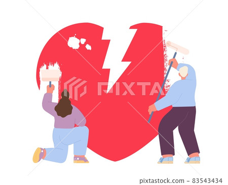 Divorce metaphor. Couple paint out giant heart, family is over. Girl and boy dont need relationship. No friendship or romantic feelings vector concept 83543434