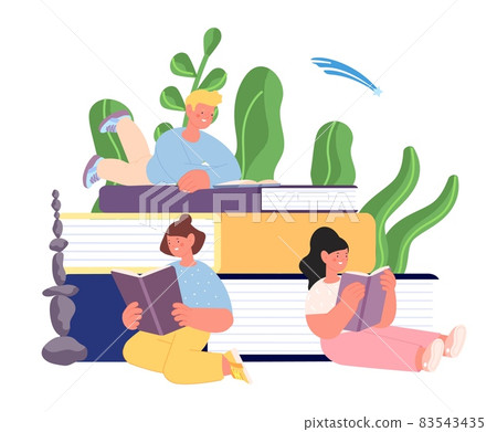 Cute children read. Kids with books, study together. Self mind development, education or library vector concept 83543435