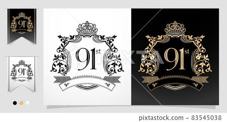 illustration of 91st anniversary symbol with royal crown design emblems, two variation gold and monochrome design isolated black and white backgrounds. applicable for greeting cards, invitation etc. 83545038