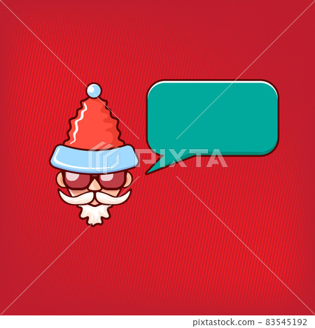 Santa Claus head with Santa red hat and hipster sunglasses and speech bubble isolated on red background. Santa Claus label or sticker design. Christmas greeting card template Santa Claus head with Santa red hat and hipster sunglasses and speech bubble isolated on red background. Santa Claus label or sticker design. Christmas greeting card template 83545192