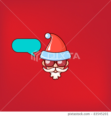 Santa Claus head with Santa red hat and hipster sunglasses and speech bubble isolated on red background. Santa Claus label or sticker design. Christmas greeting card template 83545201