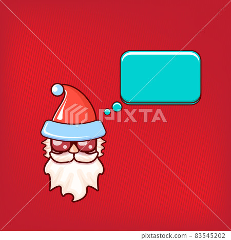 Santa Claus head with Santa red hat and hipster sunglasses and speech bubble isolated on red background. Santa Claus label or sticker design. Christmas greeting card template Santa Claus head with Santa red hat and hipster sunglasses and speech bubble isolated on red background. Santa Claus label or sticker design. Christmas greeting card template 83545202