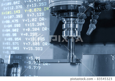 The abstract scene CNC milling machine rough cutting  the mold and die parts and G-code data background. 83545323