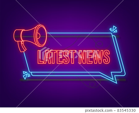 Megaphone label with latest news. Neon icon. Megaphone banner. Web design. Vector stock illustration 83545330