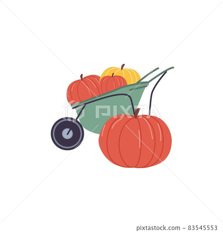 Flat cartoon wheelbarrow,organic agricultural vector illustration concept Flat cartoon wheelbarrow,organic agricultural vector illustration concept 83545553
