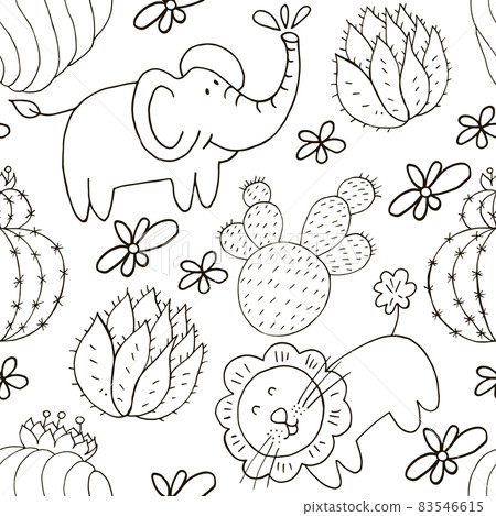 Seamless botanical illustration. Tropical pattern of different cacti, aloe 83546615