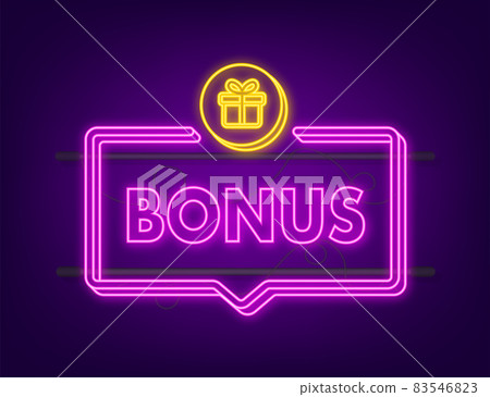 Bonus for promotion design. Neon icon. Discount banner promotion template. Web template for marketing promo design. Vector stock illustration Bonus for promotion design. Neon icon. Discount banner promotion template. Web template for marketing promo design. Vector stock illustration 83546823
