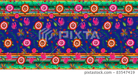 Seamless Mexican floral embroidery pattern, colorful native flowers folk fashion design. Embroidered Traditional Textile Style of Mexico, colors striped, vector isolated on blue background Seamless Mexican floral embroidery pattern, colorful native flowers folk fashion design. Embroidered Traditional Textile Style of Mexico, colors striped, vector isolated on blue background 83547419