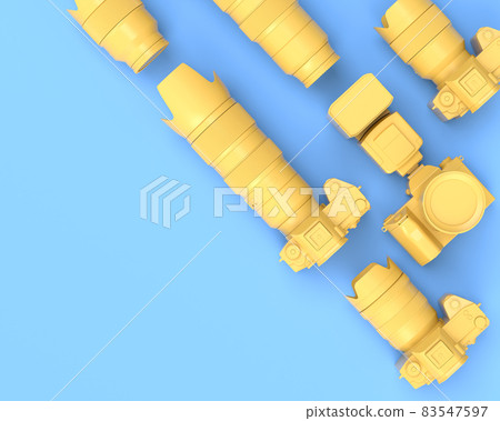 Top view of designer workspace and photography gear on blue table background Top view of designer workspace and photography gear on blue table background 83547597