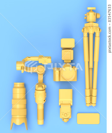 Top view of designer workspace and photography gear on blue table background Top view of designer workspace and photography gear on blue table background 83547633