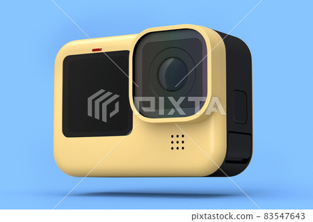 Photo and video lightweight yellow action camera with display on blue 83547643