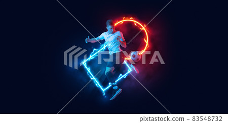 Art collage. Young man, professional football player in motion and action with ball isolated on dark background with neoned geometric figure 83548732