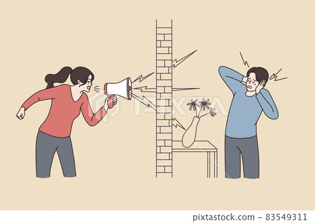 Woman neighbor shout in loudspeaker annoying flat mate 83549311