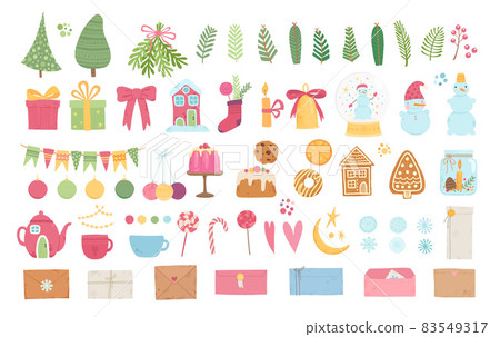 Collection of beautiful icons and decorations for Christmas tree. Set of holiday gingerbread, fir tree, ornaments, animals, Santa, snowman, gold bell. Colored vector illustration in flat cartoon style Collection of beautiful icons and decorations for Christmas tree. Set of holiday gingerbread, fir tree, ornaments, animals, Santa, snowman, gold bell. Colored vector illustration in flat cartoon style 83549317