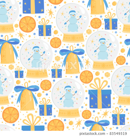 Christmas snowball with snowman seamless pattern. Vector illustration for your holiday design. Fir tree xmas decoration with gold bell, gift box and orange fruit 83549319