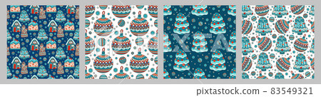 Set of Christmas ball tree seamless patterns. Vector illustration for your holiday design with colorful pattern. Fir tree xmas decoration 83549321