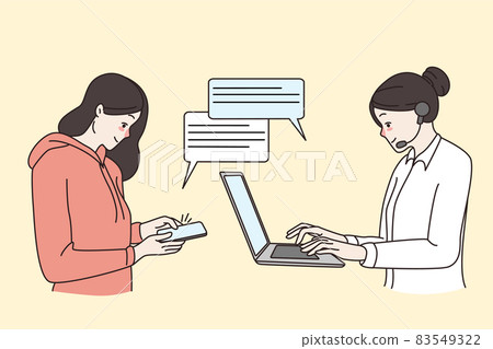 Woman chat online with customer support service operator Woman chat online with customer support service operator 83549322