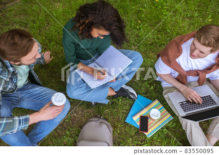A group of young people sitting on the grass and getting ready for the exams 83550095