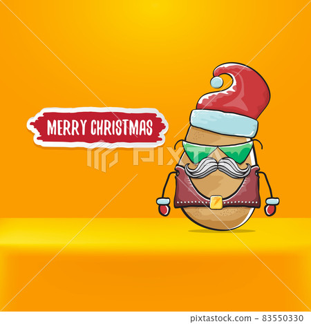 vector rock star Santa Claus potato funny cartoon cute character with red Santa hat and calligraphic merry Christmas text isolated on orange background. Rock n roll funky Christmas party banner vector rock star Santa Claus potato funny cartoon cute character with red Santa hat and calligraphic merry Christmas text isolated on orange background. Rock n roll funky Christmas party banner 83550330
