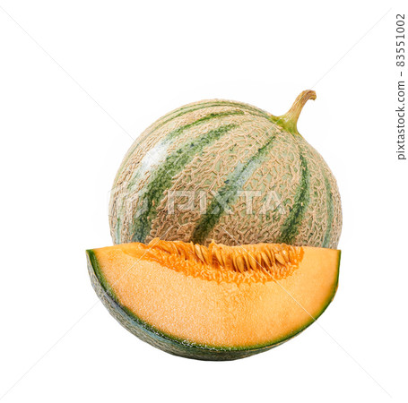 whole and slice cantaloupe melon isolated on a white background. 83551002