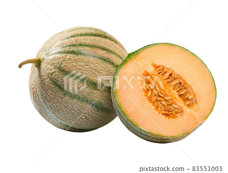 whole and half japanese melon or cantaloupe melon isolated on the white background. whole and half japanese melon or cantaloupe melon isolated on the white background. 83551003