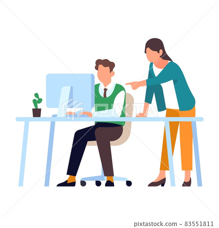 Office staff work. People brainstorming. Effective teamwork. Man sits at computer table. Woman helps and gives advice to colleague. Workers cooperation. Vector employees activities Office staff work. People brainstorming. Effective teamwork. Man sits at computer table. Woman helps and gives advice to colleague. Workers cooperation. Vector employees activities 83551811