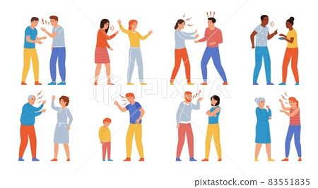 Quarrel people. Angry characters. Arguing and swearing. Conflict between couples and employees. Shouting contention. Screaming persons with aggressive gestures. Vector squabbles set 83551835