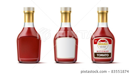 Realistic ketchup bottle mockup. Clean tomato sauce glass container with empty label and designed. Condiment packaging for branding. Preserved vegetable dressing. Vector 3D packages set 83551874