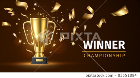 Golden champion cup banner. Award ceremony. Shining goblet with sparkling confetti. Realistic winner prize. Championship congratulation gift. Sport competition reward. Vector concept 83551884