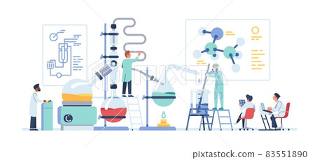Tiny scientists. Chemists conduct experiments. New elements discovery. Biological research. Microbiology technology. Laboratory employees work with chemical test tubes. Vector concept Tiny scientists. Chemists conduct experiments. New elements discovery. Biological research. Microbiology technology. Laboratory employees work with chemical test tubes. Vector concept 83551890