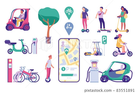 Electric city transport. Urban motion. Eco car and charging station. Mobile app with streets card. Green energy vehicles. People drive scooters and bikes. Vector transportation elements set 83551891