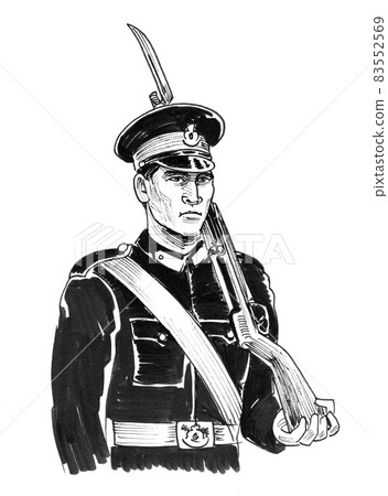 Soldier with a rifle on guard. Ink black and white drawing Soldier with a rifle on guard. Ink black and white drawing 83552569