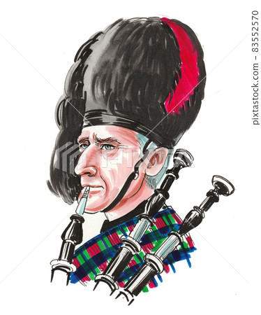 Scottish bagpiper. Ink and watercolour drawing Scottish bagpiper. Ink and watercolour drawing 83552570