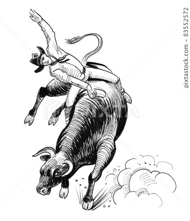 American cowboy riding a bull on rodeo competition. Ink black and white drawing 83552572