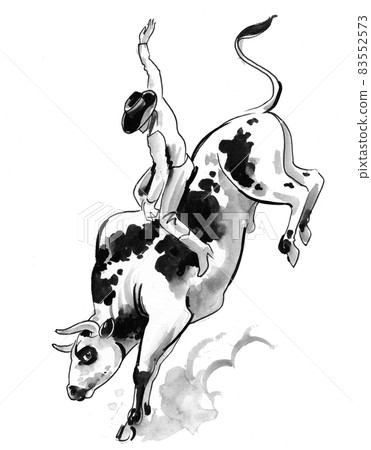 Cowboy riding a wild bull on rodeo competition. ink black and white drawing 83552573