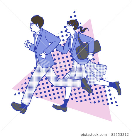 一個簡單的線條畫，畫的是一個年輕的亞洲長發漂亮女孩和男孩穿著白色背景的西裝外套跑步 83553212