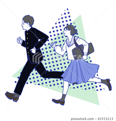A simple line drawing of a young Asian bob short-haired pretty girl and boy running in a sailor suit on a white background 83553213