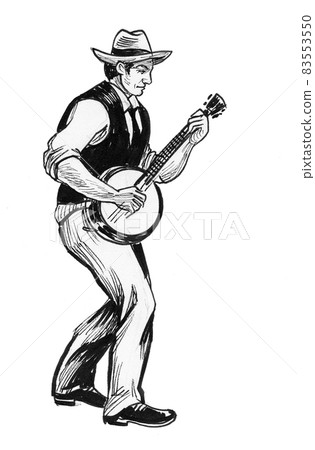 Country musician playing banjo. Ink black and white drawing 83553550