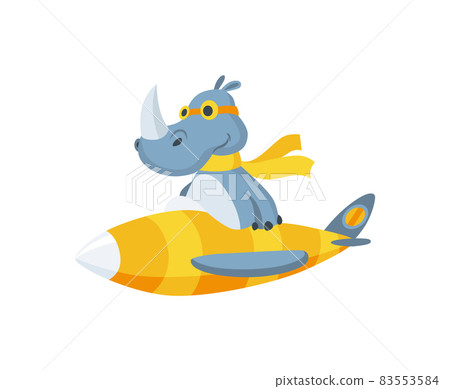 Cute baby animal rhinoceros with glasses on airplane. Funny and happy pilot flying on plane. Cartoon vector character fly on retro transport 83553584
