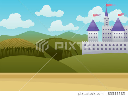 Medieval castle on a blue sky background. Cartoon middle ages historic period. Medieval architecture of stone castle 83553585