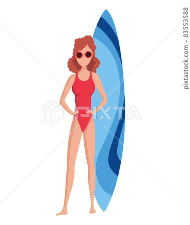 Woman. Fun female character. Young lady standing near surfboard. Summertime flat cartoon illustration 83553588