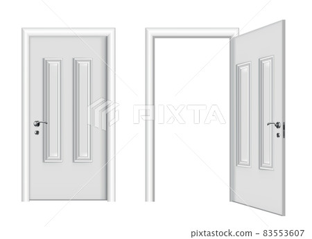 Open and closed white entrance. Realistic door isolated on white background. Clean design white door template. Decorative house element 83553607