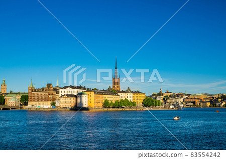 Riddarholmen island with Riddarholm Church spires, Stockholm, Sweden 83554242