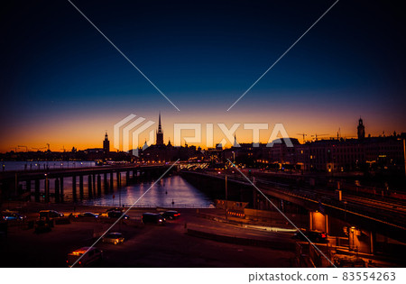 Silhouette of Stockholm cityscape skyline at sunset, dusk, Sweden 83554263